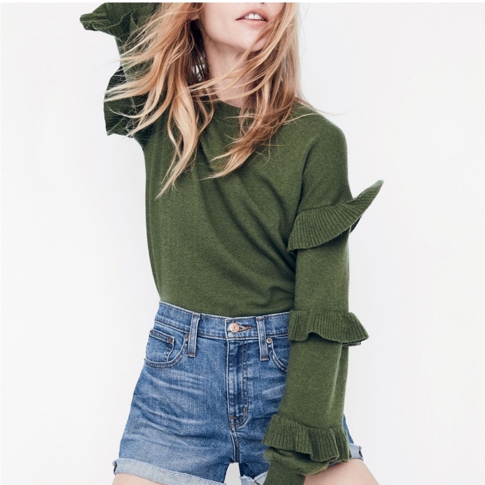 J. Crew Green Ruffle Sleeve Crew Neck Sweater
